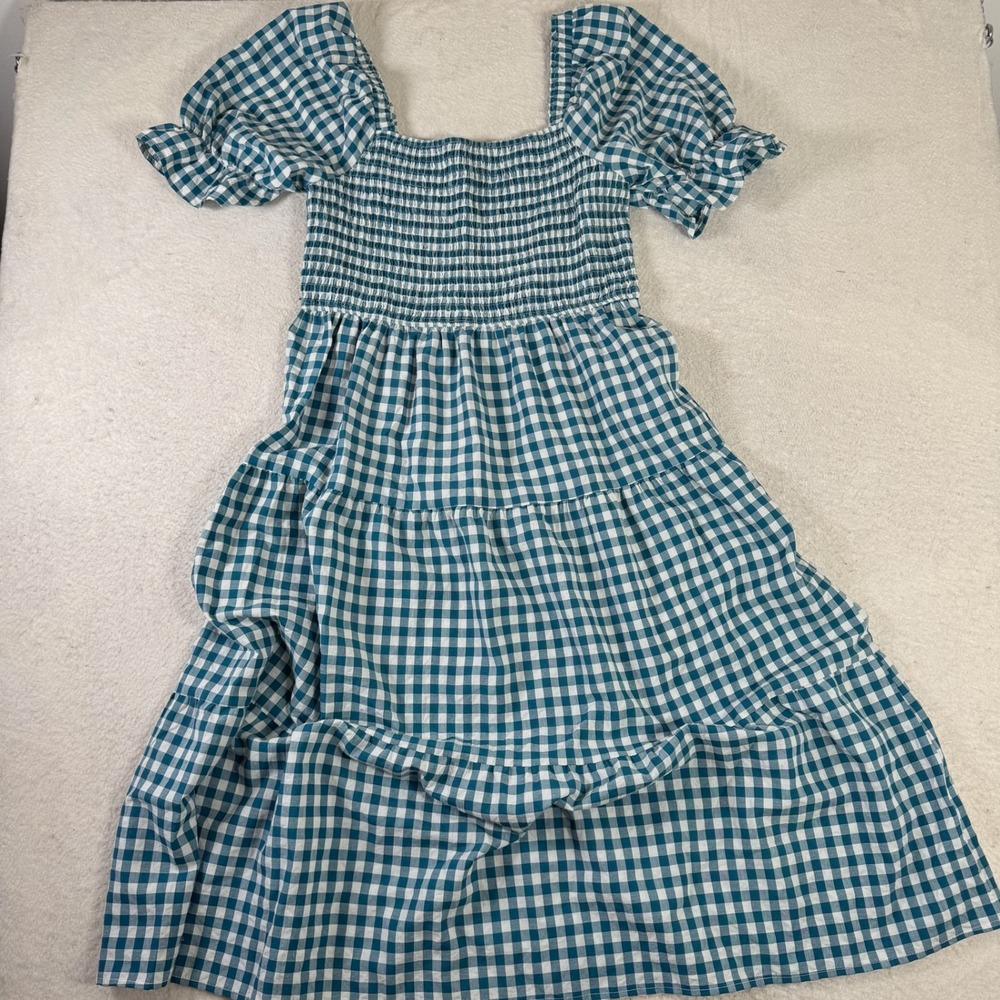 ZESICA Gingham Midi Dress Womens XL Teal White Excellent Smocked Puff Sleeve